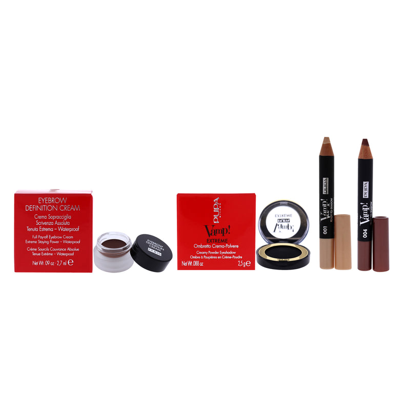 Pupa Milano Vamp! Ready to Shadow With Cream Powder Eyeshadow and Eyebrow Definition Cream Kit by Pupa Milano for Women - 4 Pc Kit 2 x 0.04oz Eye Shadow - 001 Champagne, Eye Shadow - 004 Hot Copper, 0.088oz Eye Shadow - 004 Extreme Black, 0.09oz Eyebrow -