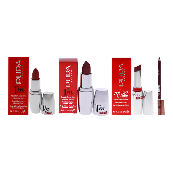 Pupa Milano I Am Pure-Colour Lipstick With True Lips Blendable Lip Liner and Miss Pupa Lipstick Kit by Pupa Milano for Women - 4 Pc Kit 2 x 0.123oz Lipstick - 403 Pink Escape, Lipstick - 409 Pink Declaration, 0.042oz Lip Pencil - 017 Natural, 0.071oz Lips