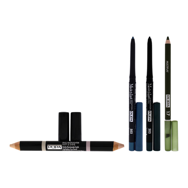 Pupa Milano Made To Last Definition Eyes and Duo Highlighter Matt and Shine With Multiplay Eye Pencil Kit by Pupa Milano for Women - 4 Pc Kit 2 x 0.012oz Eye Pencil - 503 Gem Malaquite, 0.012oz Eye Pencil - 502 Elegant Peacock, 0.148oz Eye Pencil -