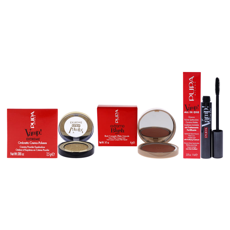 Pupa Milano Vamp! Extreme Eyeshadow With All In One Mascara and Extreme Blush Matt Kit by Pupa Milano for Women - 3 Pc Kit 0.088oz Eye Shadow - 001 Extreme Gold, 0.30oz Mascara - 101 Extra Black, 0.141oz Blush - 005 Rose Brown