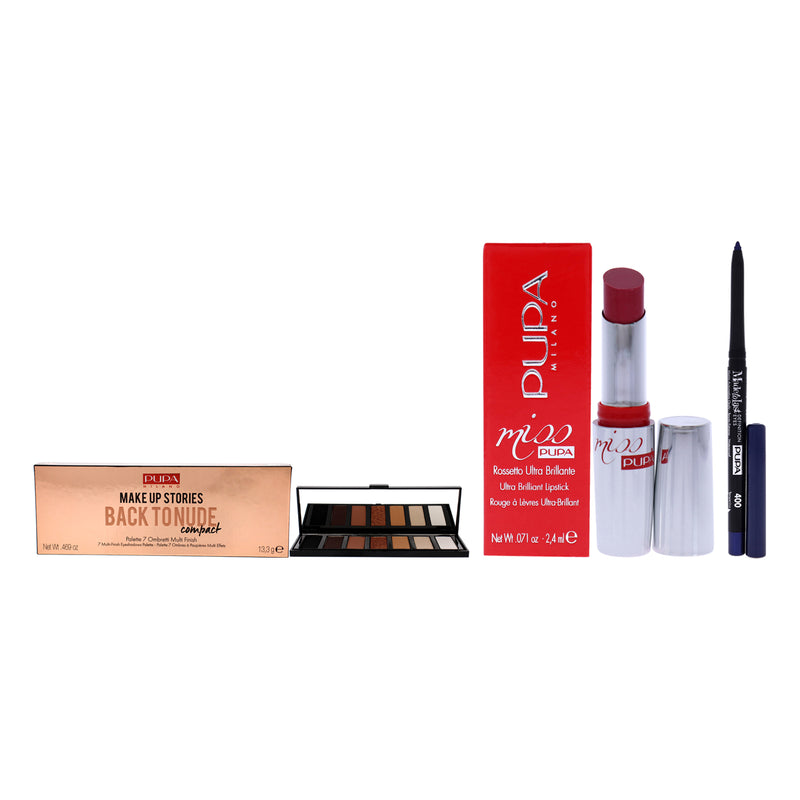 Pupa Milano Make Up Stories Compact Palette With Made To Last Definition Eyes and Miss Pupa Lipstick Kit by Pupa Milano for Women - 3 Pc Kit 0.469oz Eye Shadow - 001 Back To Nude, 0.012oz Eye Pencil - 400 Blue Night, 0.071oz Lipstick - 202 Ballroom