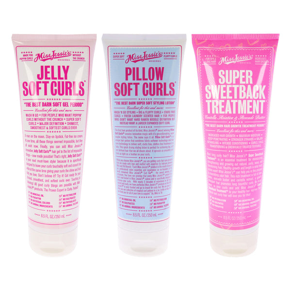 Miss Jessies Jelly Soft Curl With Pillow Soft Curls and Super Sweetback Treatment Kit by Miss Jessies for Unisex - 3 Pc Kit 8.5oz Gel, 8.5oz Lotion, 8.5oz Treatment