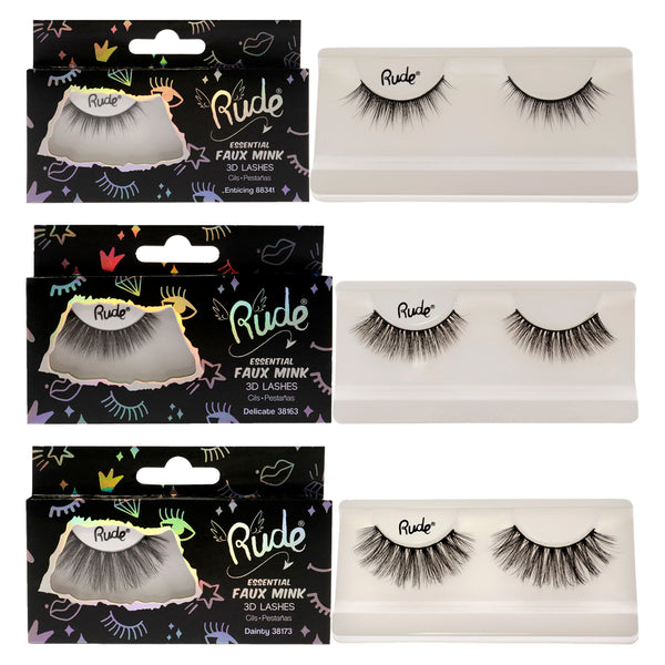 Rude Cosmetics Essential Faux Mink 3D Lashes Kit by Rude Cosmetics for Women - 3 Pc Kit Pair Lashes - Dainty, Pair Lashes - Delicate, Pair Lashes - Enticing