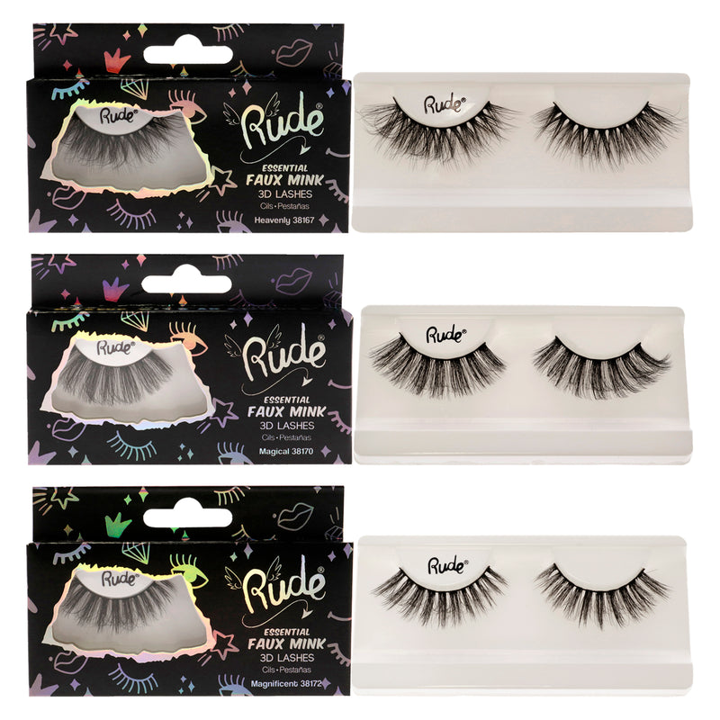 Rude Cosmetics Essential Faux Mink 3D Lashes Kit by Rude Cosmetics for Women - 3 Pc Kit Pair Lashes - Heavenly, Pair Lashes - Magical, Pair Lashes - Magnificent