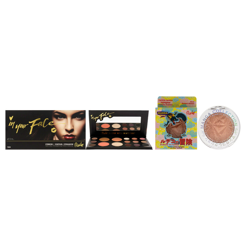 Rude Cosmetics In Your Face 3-in-1 Palette With Manga Collection Twinkle Twinkle Highlighter Kit by Rude Cosmetics for Women - 2 Pc Kit 0.84oz Palette, 0.14oz Highlighter - Rudekos Dragon