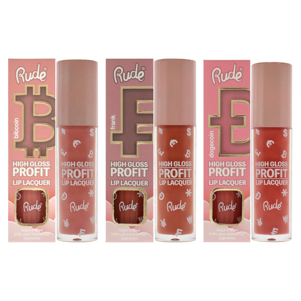 Rude Cosmetics High Gloss Profit Lip Lacquer Kit by Rude Cosmetics for Women - 3 Pc Kit 3 X 0.141oz Lip Gloss - Bitcoin, Dogecoin, Frank