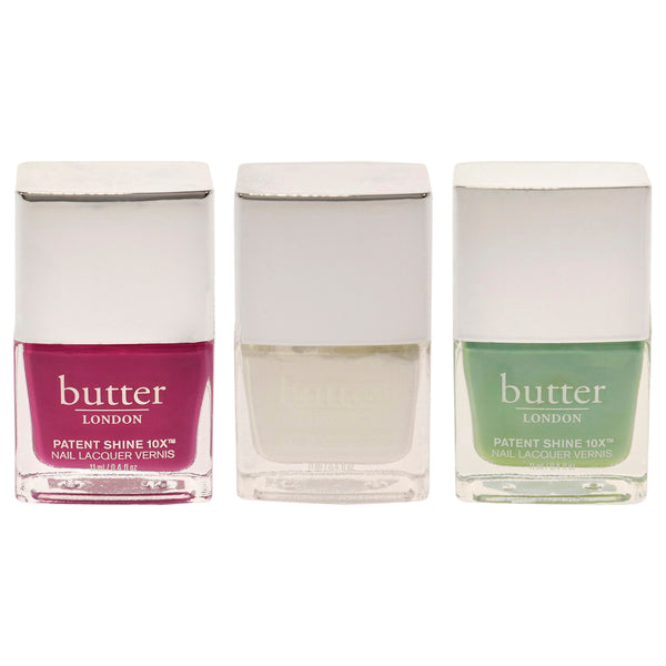 Butter London Patent Shine 10X Nail Lacquer Kit by Butter London for Women - 3 Pc Kit 0.4 oz Nail Polish - Bonkers, 0.4 oz Nail Polish - Cotton Buds, 0.4 oz Nail Polish - Good Vibes