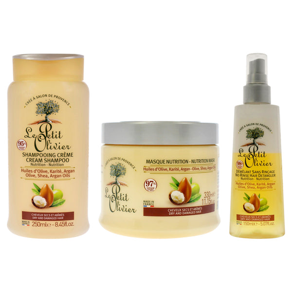 Nourishing Creme Shampoo with Nutrition Mask - Dry and Damaged Hair and No Rinse Hair Detangler Kit by Le Petit Olivier for Unisex - 3 Pc Kit 8.4oz Shampoo, 11.15oz Maque, 5.07oz Detangler