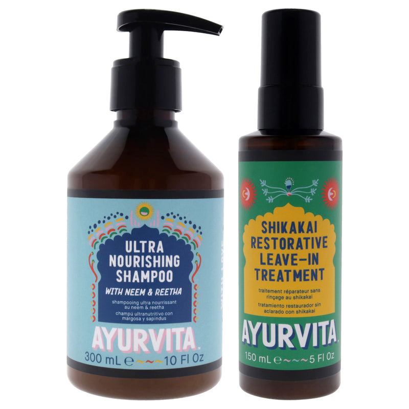 AyurVita Neem and Reetha Ultra Nourishing Shampoo with Shikakai Restorative Leave In Treatment Kit by AyurVita for Unisex - 2 Pc Kit 10oz Shampoo, 5oz Treatment