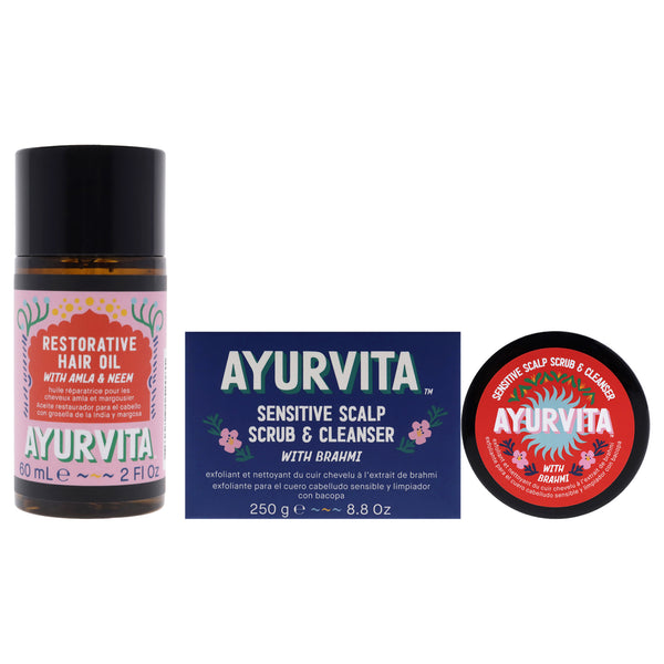 AyurVita Amla and Neem Restorative Hair Oil with Brahmi Sensitive Scalp Scrub and Cleanser Kit by AyurVita for Unisex - 3 Pc Kit 2 x 2oz Oil, 8.8oz Cleanser