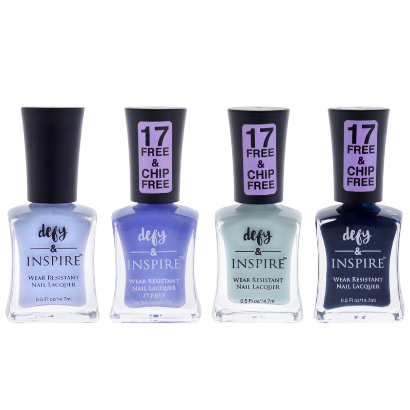 Defy and Inspire Wear Resistant Nail Lacquer Kit by Defy and Inspire for Women - 4 Pc Kit 0.5oz Nail Polish - 275 Paradise Island, 0.5oz Nail Polish - 266 Ship Happens, 0.5oz Nail Polish - 290 Fantasy Suite, 0.5oz Nail Polish - 260 Laguna Beach