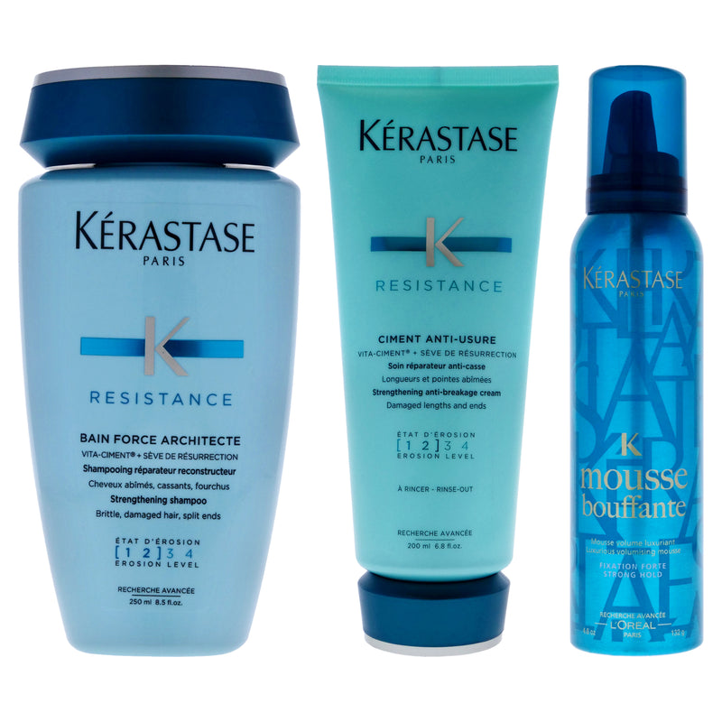 Kerastase Resistance Ciment Anti-Usure Treatment and Bain Force Architecte Shampoo with Mousse Bouffante Luxurious Volumising Mousse Strong Hold Kit by Kerastase for Unisex - 3 Pc Kit 6.8oz Conditioner, 8.5oz Shampoo, 4.6oz Mousse