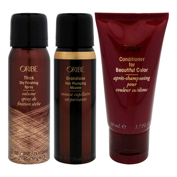 Oribe Thick Dry Finishing Purse Spray with Grandiose Hair Plumping Mousse and Conditioner for Beautiful Color Kit by Oribe for Unisex - 3 Pc Kit 2oz Hairspray, 2.5oz Mousse, 1.7oz Conditioner