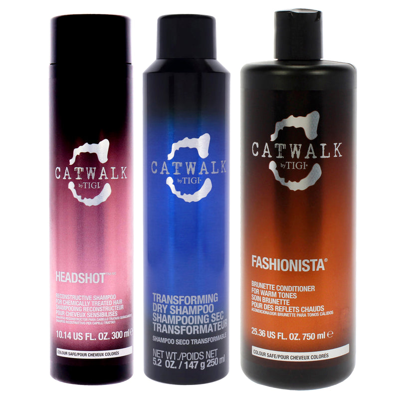 Tigi Catwalk Kit by TIGI for Unisex - 3 Pc Kit 5.2oz Catwalk Transforming Dry Shampoo, 25.36oz Catwalk Fashionista Brunette Conditioner, 10.14oz Catwalk Headshot Reconstructive Shampoo