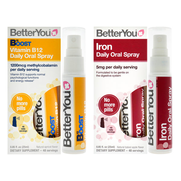 BetterYou BY Iron and B12 Vitamin Spray Bundle Kit by BetterYou for Unisex - 2 Pc Kit 0.85oz Iron Oral Spray, 0.85oz Boost Vitamin B12 Oral Spray