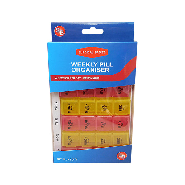 Dispensary & Clinic Items Surgical Basics Pill Box Weekly Pill Planner - 4 Sections Per Day (L17cm x W11.5cm x D2cm)
