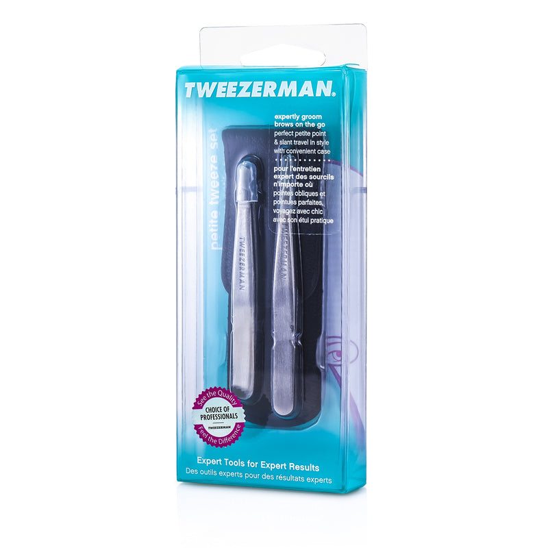 Tweezerman Petite Tweeze Set: Slant Tweezer + Point Tweezer - (With Black Leather Case)  2pcs