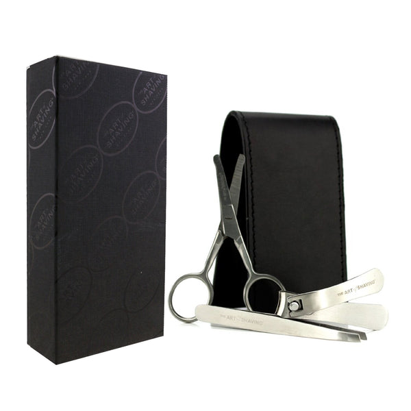 The Art Of Shaving Manicure Set: Nail Clipper + Nose Hair Scissors + Tweezers + Black Leather Pouch 