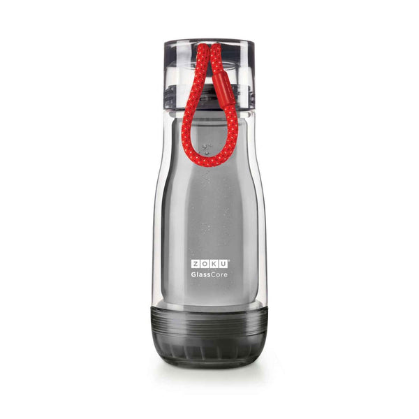 ZOKU Insulated Double-Walled with Suspended Grey Glass Core Bottle 355ml - Red Strip  Fixed Size