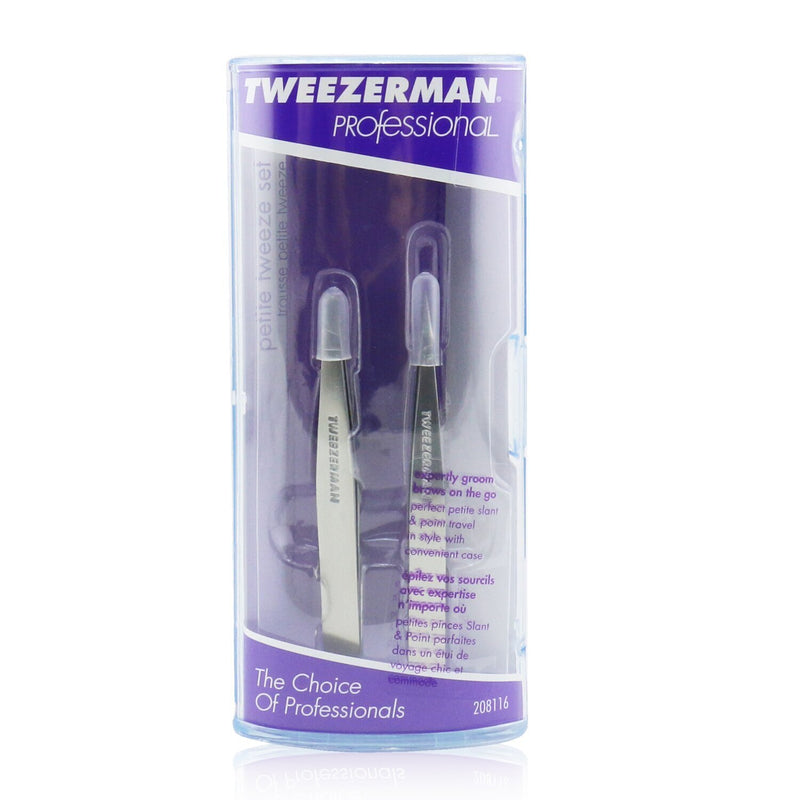 Tweezerman Professional Petite Tweeze Set: Slant Tweezer + Point Tweezer - (With Lavendar Leather Case)  2pcs