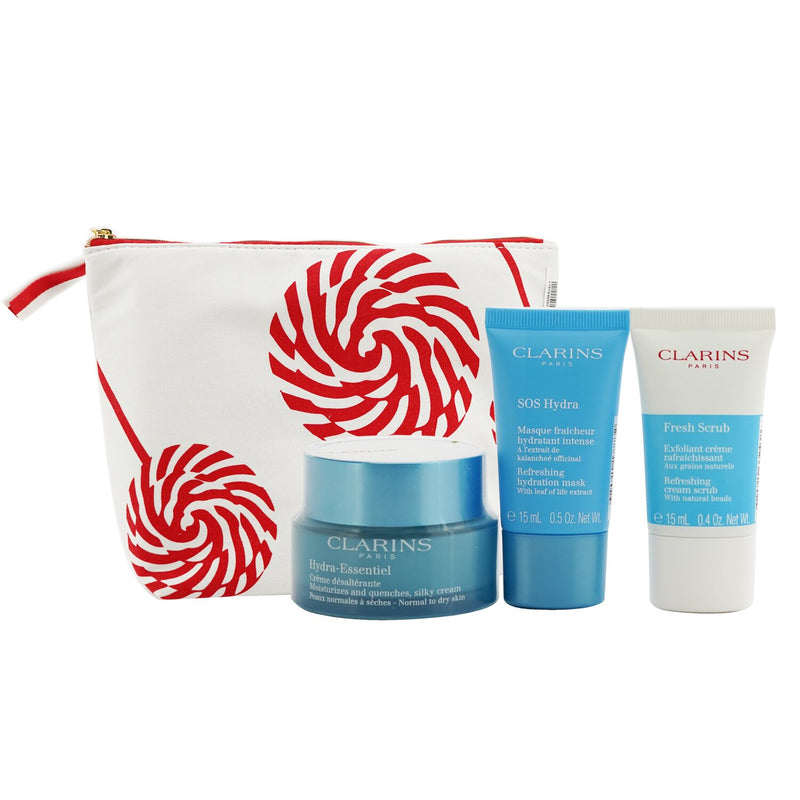 Clarins Hydration Essentials Gift Set: Hydra-Essentiel Silky Cream 50ml+ Fresh Scrub 15ml+ SOS Hydra Mask 15ml+ Pouch (Unboxed)  3pcs+1pouch