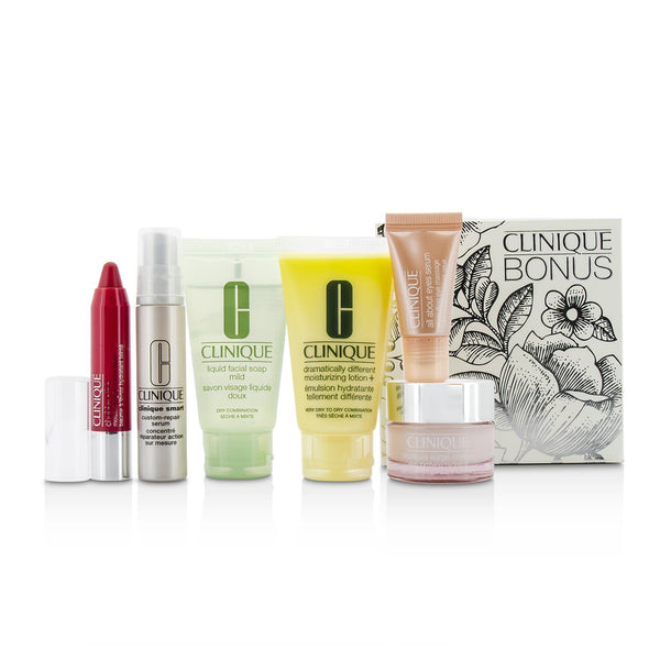 Clinique Travel Set: Facial Soap 30ml + DDML+ 30ml + Moisture Surge Intense 15ml + Smart Serum 10ml +Eye Serum 5ml + Chubby Stick #05  6pcs