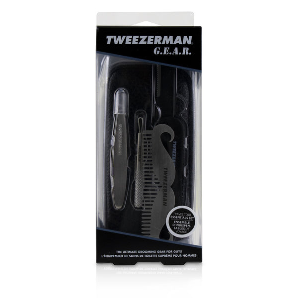 Tweezerman G.E.A.R. Travel Tool Essentials Set: Mini Slant Tweezer + Mini Skin Care Tool + Moustache Comb + Precision Folding Razor + Bag 