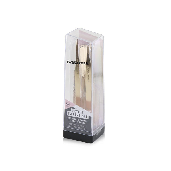 Tweezerman Petite Tweeze Set: Slant Tweezer + Point Tweezer - (With Rose Gold Leather Case)  2pcs