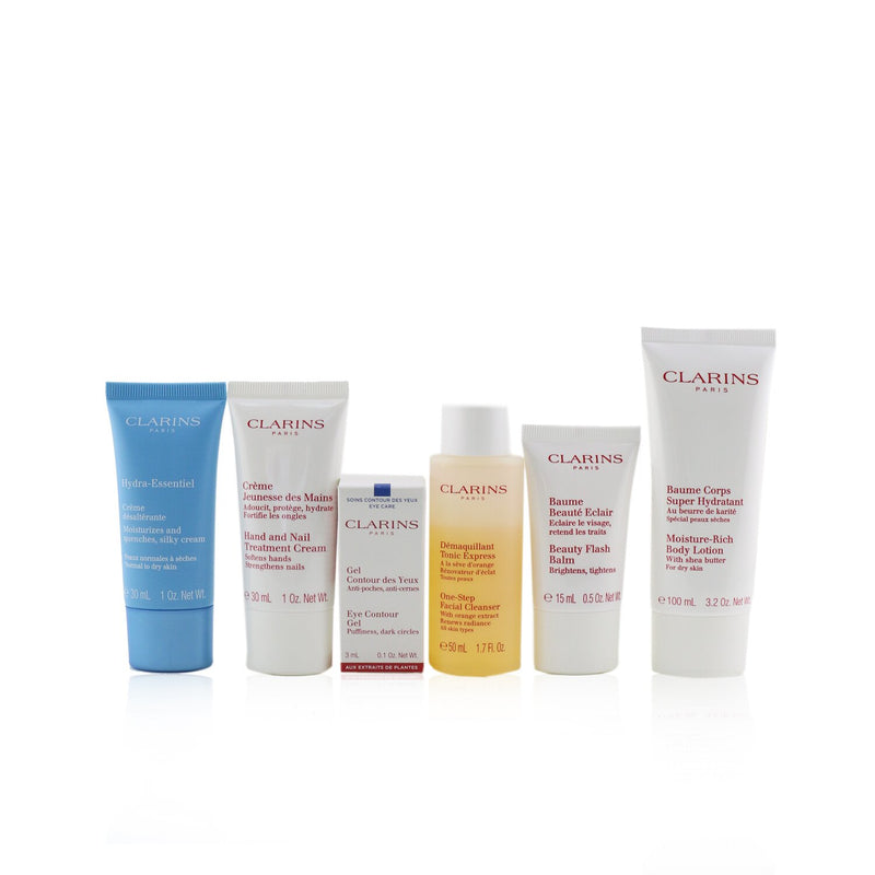 Clarins Head-to-Toe Moisturizing Essentials Set: Facial Cleanser+Eye Gel+Beauty Flash Balm+Hydra-Essentiel Cream+Body Lotion+Hand 