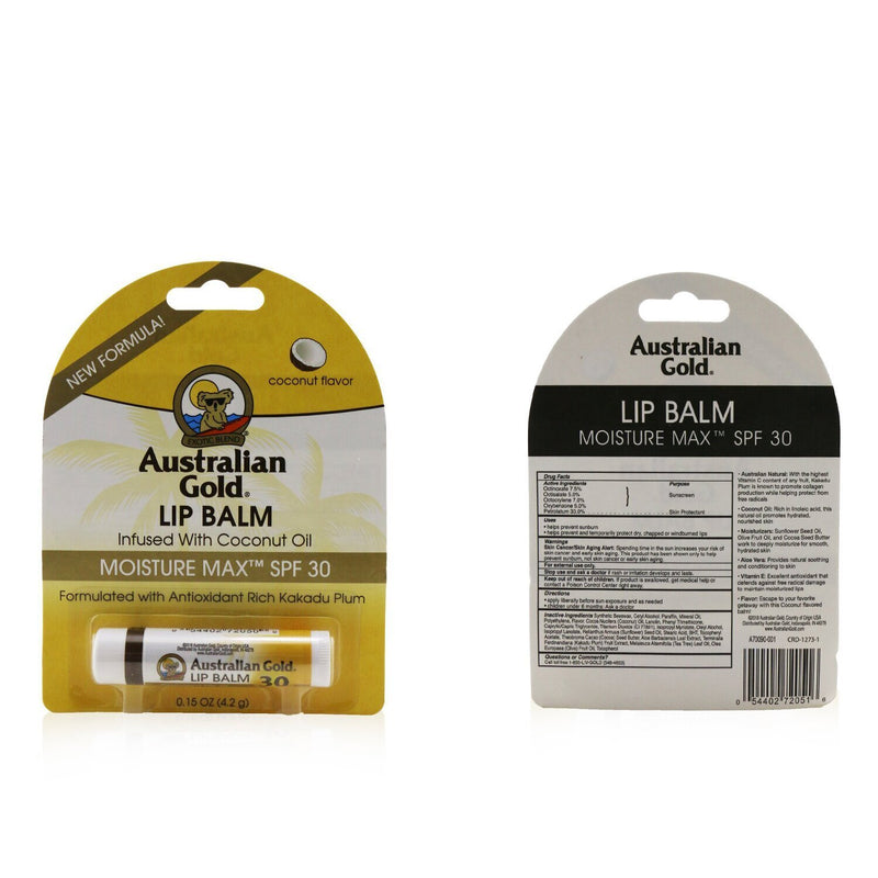Australian Gold Lip Balm Moisture Max SPF 30 Infused with Coconut Oil  4.2g/0.15oz