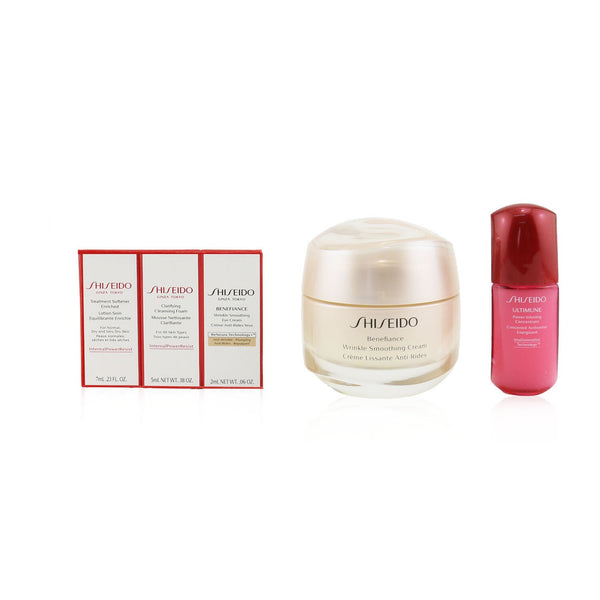 Shiseido Anti-Wrinkle Ritual Benefiance Wrinkle Smoothing Cream Set (For All Skin Types): Wrinkle Smoothing Cream 50ml + Cleansing Foam 5ml + Softener Enriched 7ml + Ultimune Concentrate 10ml + Wrinkle Smoothing Eye Cream 2ml 