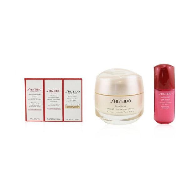 Shiseido Anti-Wrinkle Ritual Benefiance Wrinkle Smoothing Cream Set (For All Skin Types): Wrinkle Smoothing Cream + Cleansing Foam 5ml + Softener Enriched 7ml + Ultimune Concentrate 10ml + Wrinkle Smoothing Eye Cream 2ml 5pcs+1pouch 50ml