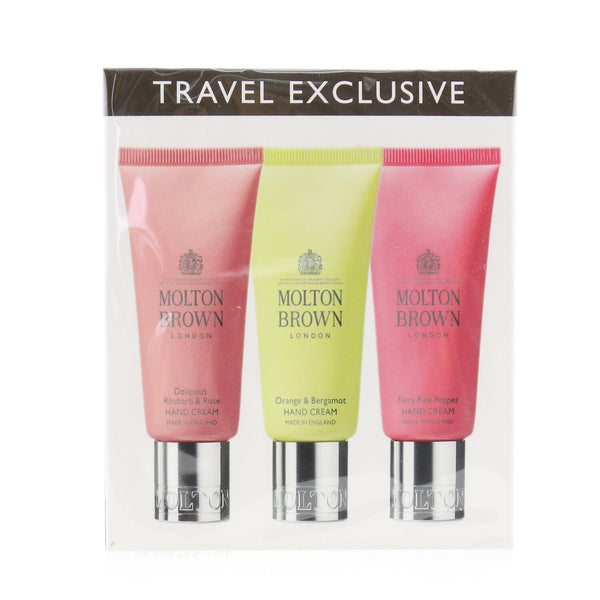 Molton Brown Tempting Treats Hand Cream Travel Set: Delicious Rhubarb & Rose Hand Cream+Orange & Bergamot Hand Cream+Fiery Pink Hand Cream  3pcs