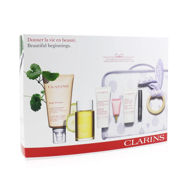 Clarins Maternity Set: Stretch Mark Expert+ Tonic Treatment Oil+ Body Scrub+ Beauty Flash Balm+ Multi-Active Yeux+ Mascara+ Bag  6pcs