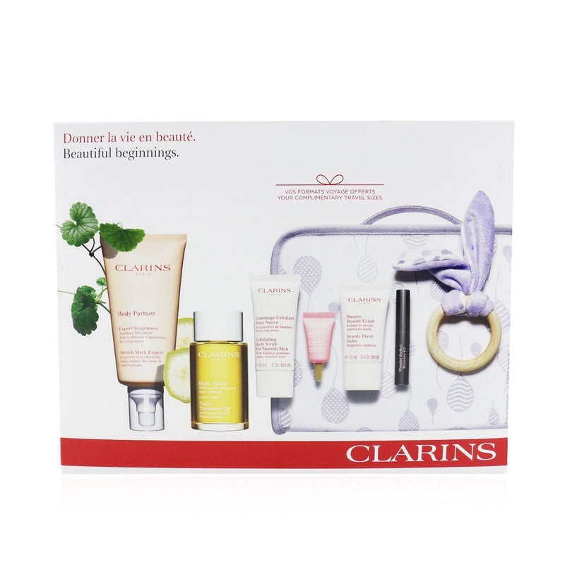 Clarins Maternity Set: Stretch Mark Expert+ Tonic Treatment Oil+ Body Scrub+ Beauty Flash Balm+ Multi-Active Yeux+ Mascara+ Bag  6pcs