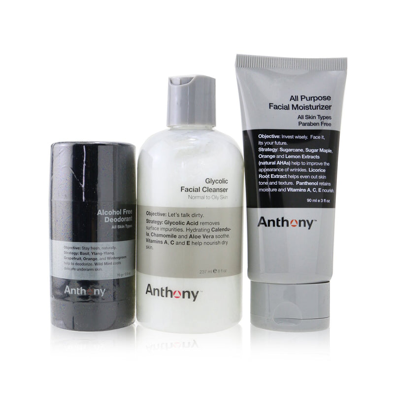 Anthony Basic Kit With Alcohol Free Deodorant: Cleanser 237ml + Moisturizer 90ml + Deodorant 70g 