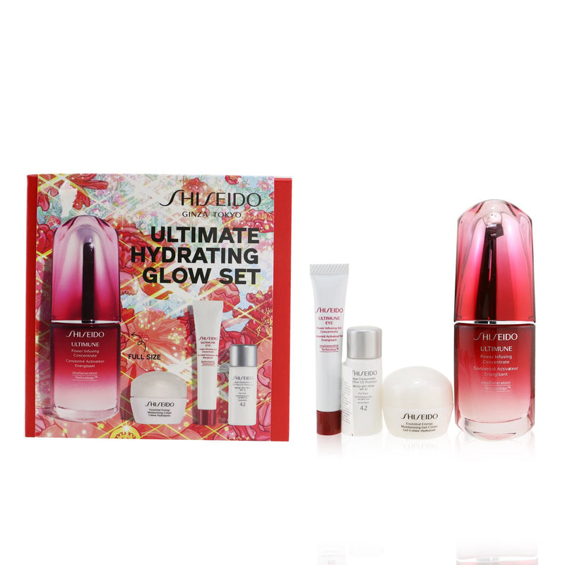 Shiseido Ultimate Hydrating Glow Set: Ultimune Power Infusing Concentrate 30ml + Moisturizing Gel Cream 10ml + Eye Concentrate 5ml + SPF 42 Sunscreen 7ml (Box Slightly Damaged) 