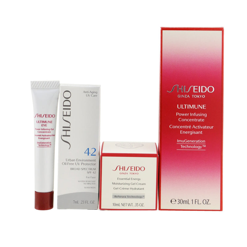 Shiseido Ultimate Hydrating Glow Set: Ultimune Power Infusing Concentrate 30ml + Moisturizing Gel Cream 10ml + Eye Concentrate 5ml + SPF 42 Sunscreen 7ml (Box Slightly Damaged) 