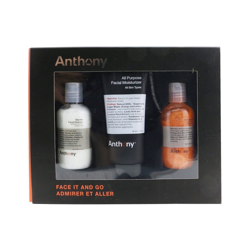 Anthony Face It & Go Kit: Glycolic Facial Cleanser 100ml + All Purpose Facial Moisturizer 90ml + Facial Scrub 100ml 