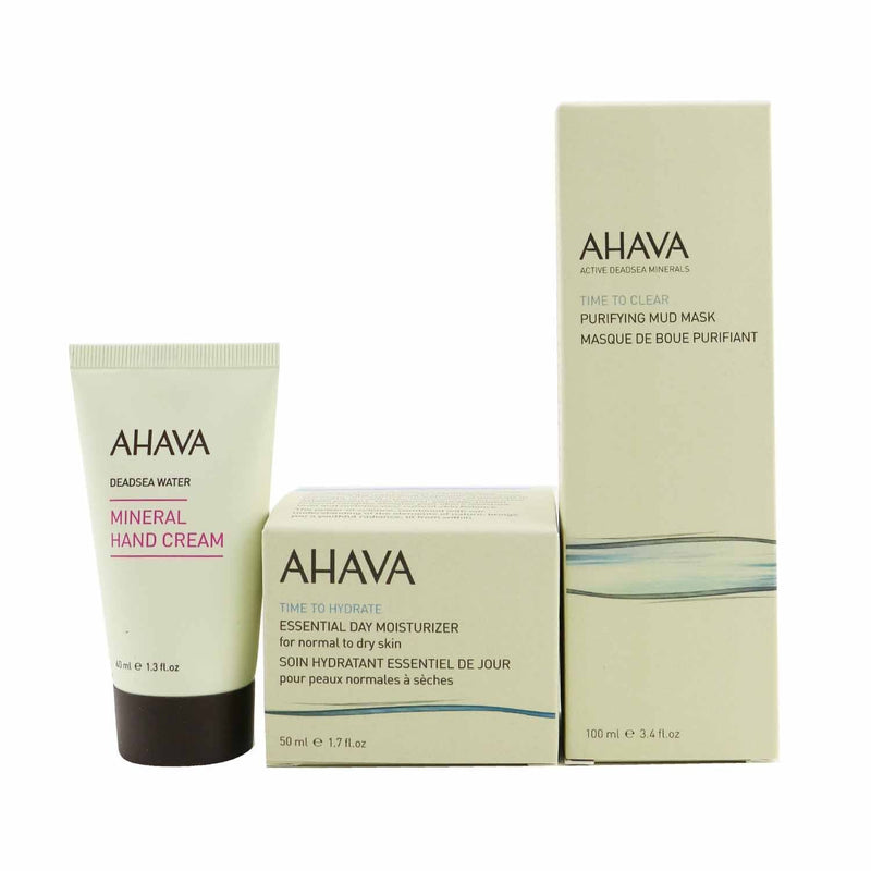 Ahava Everyday Mineral Essentials Set: Essential Day Moisturizer 50ml+ Purifying Mud Mask 100ml+ Mineral Hand Cream 40ml+ Bag 