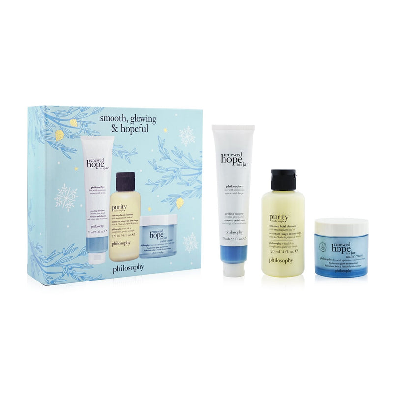 Philosophy Smooth, Glowing & Hopeful 3-Pieces Set: Renewed Hope In A Jar Peeling Mousse 75ml +  One-Step Facial Cleanser 120ml + Renewed Hope In A Jar Hyaluronic Glow Moisturizer 60ml 