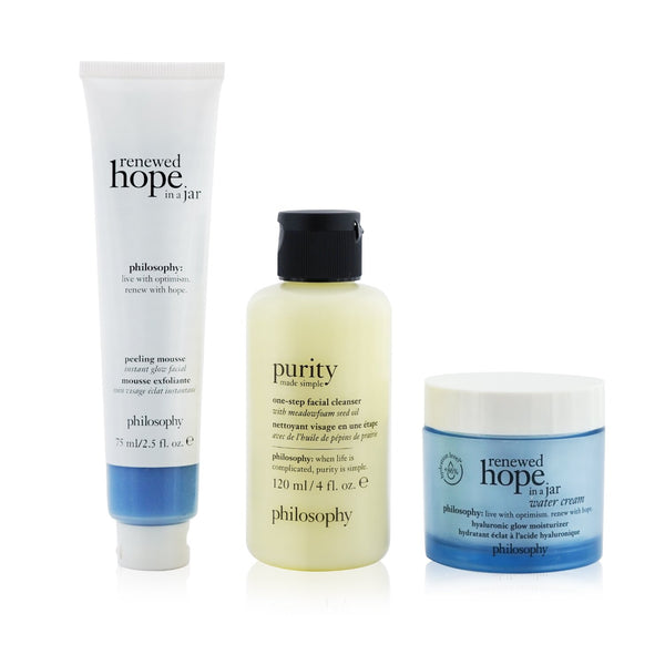 Philosophy Smooth, Glowing & Hopeful 3-Pieces Set: Renewed Hope In A Jar Peeling Mousse 75ml +  One-Step Facial Cleanser 120ml + Renewed Hope In A Jar Hyaluronic Glow Moisturizer 60ml 