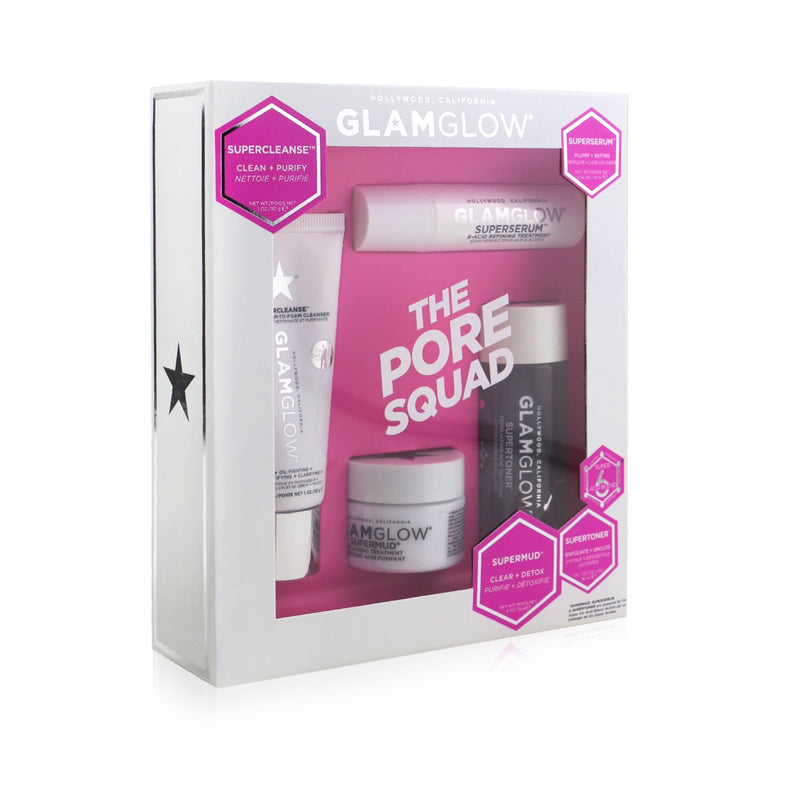 Glamglow The Pore Squad Set: 1x Supercleanse Clearing Cream-To-Foam Cleanser - 30g/1oz + 1x Superserum 6-Acid Refining Treatment - 10ml/0.34oz + 1x Supermud Clearing Treatment - 15g/0.5oz +  1x Supertoner Exfoliating Acid Solution - 30ml/1oz 