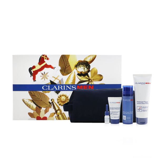 Clarins Men Essentials 4-Pieces Set: Super Moisture Balm 50ml + Active Face Wash 125ml + Shampoo & Shower 30ml + Shave Ease Oil 3ml 