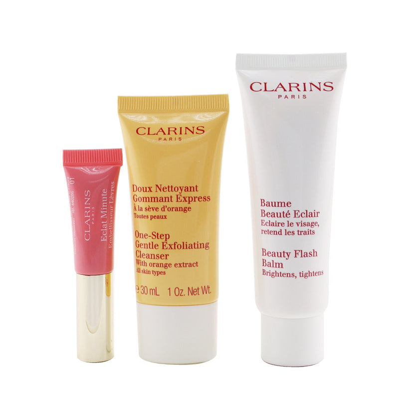 Clarins Beautiful & Radiant Set: Beauty Flash Balm 50ml+ Gentle Exfoliating Cleanser 30ml+ Lip Perfector 5ml+ Bag 