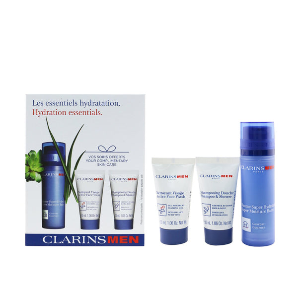 Clarins Men Hydration Essentials Set: Super Moisture Balm 50ml + Active Face Wash 30ml + Shampoo & Shower 30ml 