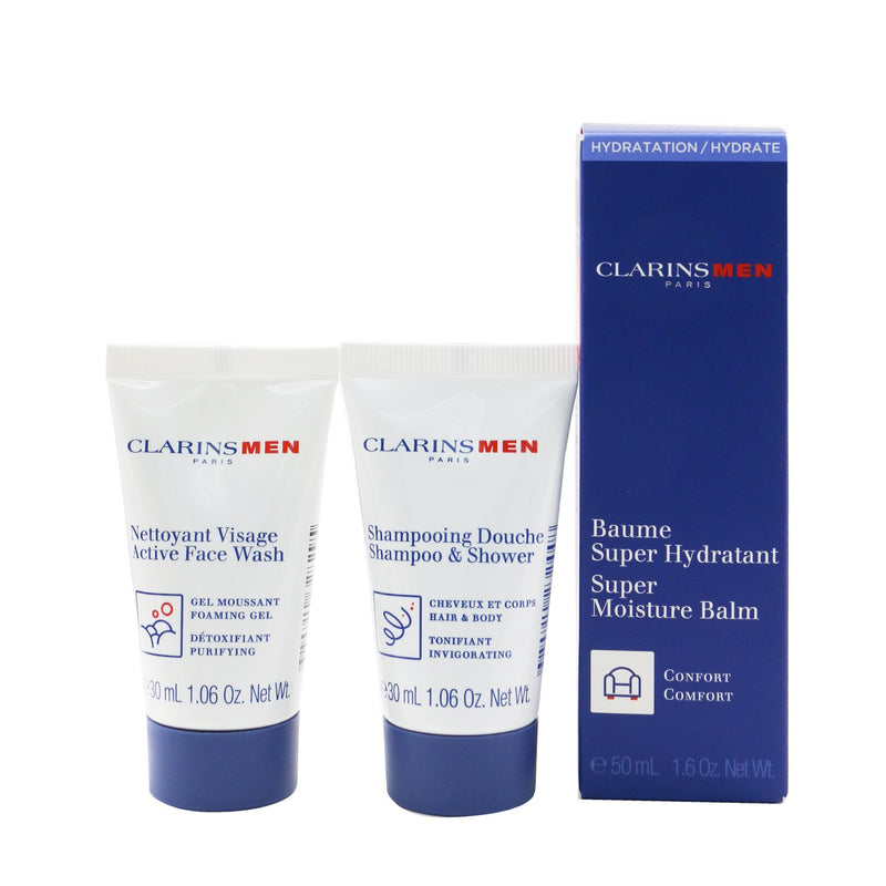 Clarins Men Hydration Essentials Set: Super Moisture Balm 50ml + Active Face Wash 30ml + Shampoo & Shower 30ml 