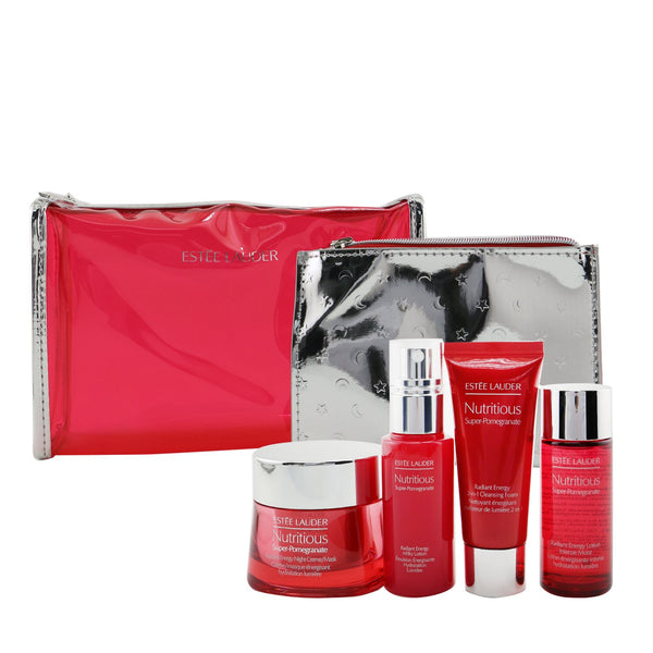 Estee Lauder Nutritious Super-Pomegranate Nourish All Night Set: Night Creme+ Milky Lotion+ Lotion Intense Moist+ Cleansing Form..(Box Slightly Damaged)  4pcs+2bags