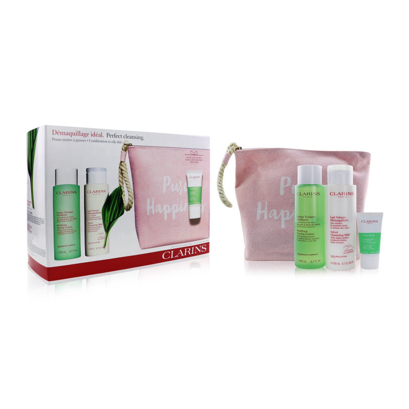 Clarins Perfect Cleansing Set (Combination to Oily Skin): Cleansing Milk 200ml+ Toning Lotion 200ml+ Pure Scrub 15ml+ Bag  3pcs+1bag