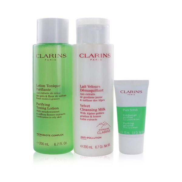 Clarins Perfect Cleansing Set (Combination to Oily Skin): Cleansing Milk 200ml+ Toning Lotion 200ml+ Pure Scrub 15ml+ Bag  3pcs+1bag